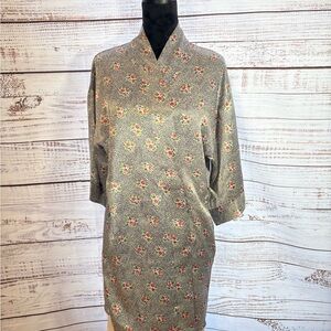 Kathryn‎ silk robe/ navy & white base with pink and blue floral print- long sle